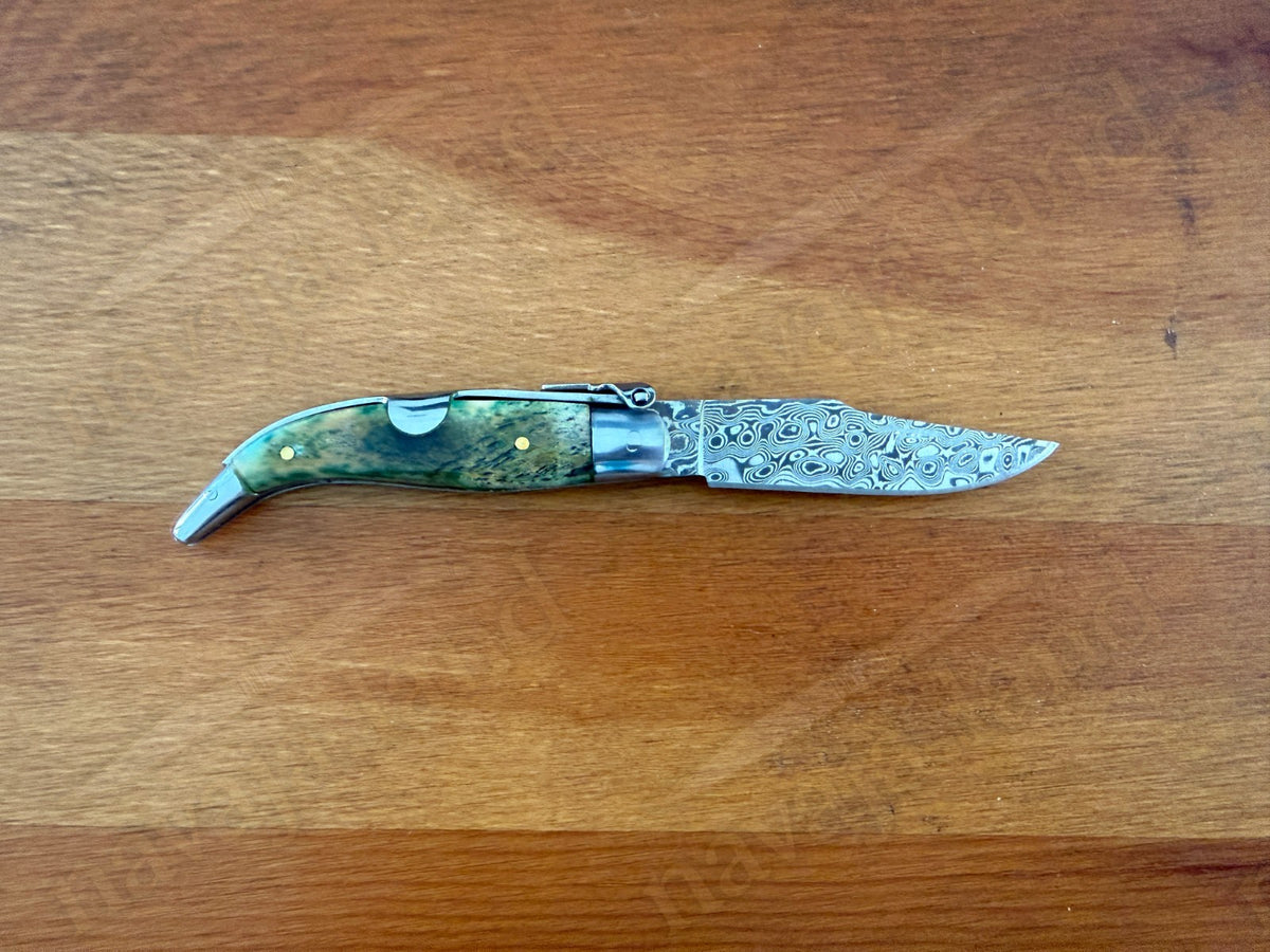 2.56” 67-Layer Damascus Blade Spanish Albacete Navaja Folding Knife Green Bone