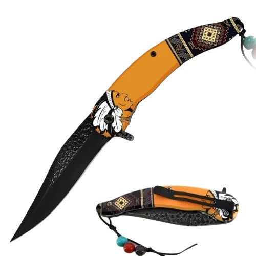 3.5 inch Dark Fantasy Printed Native American Pocket Knife Spring Assisted