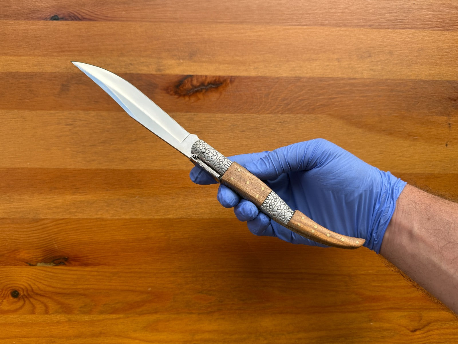 5.3" Blade Arabian Style Ratchet Navaja Knife Zebra Wood Handle Ornamented