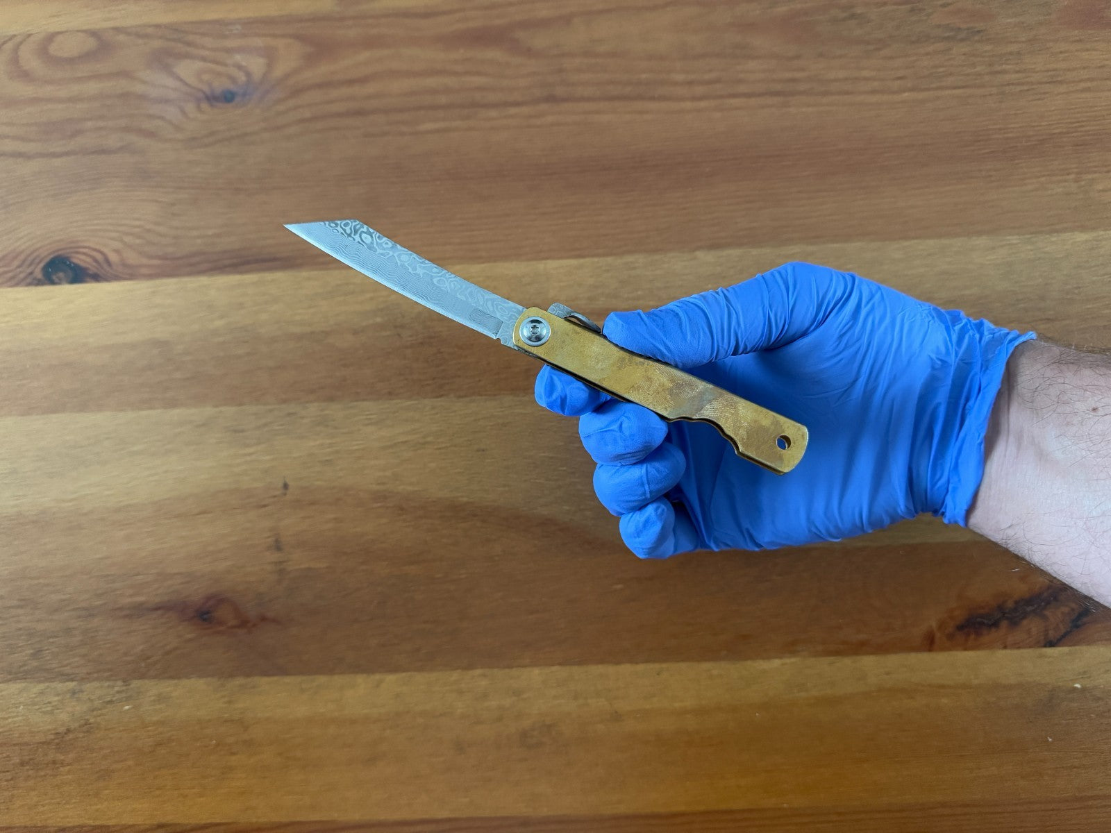 3" Navaja Higonokami Knife Brass Handle with Damascus Blade with Sheath