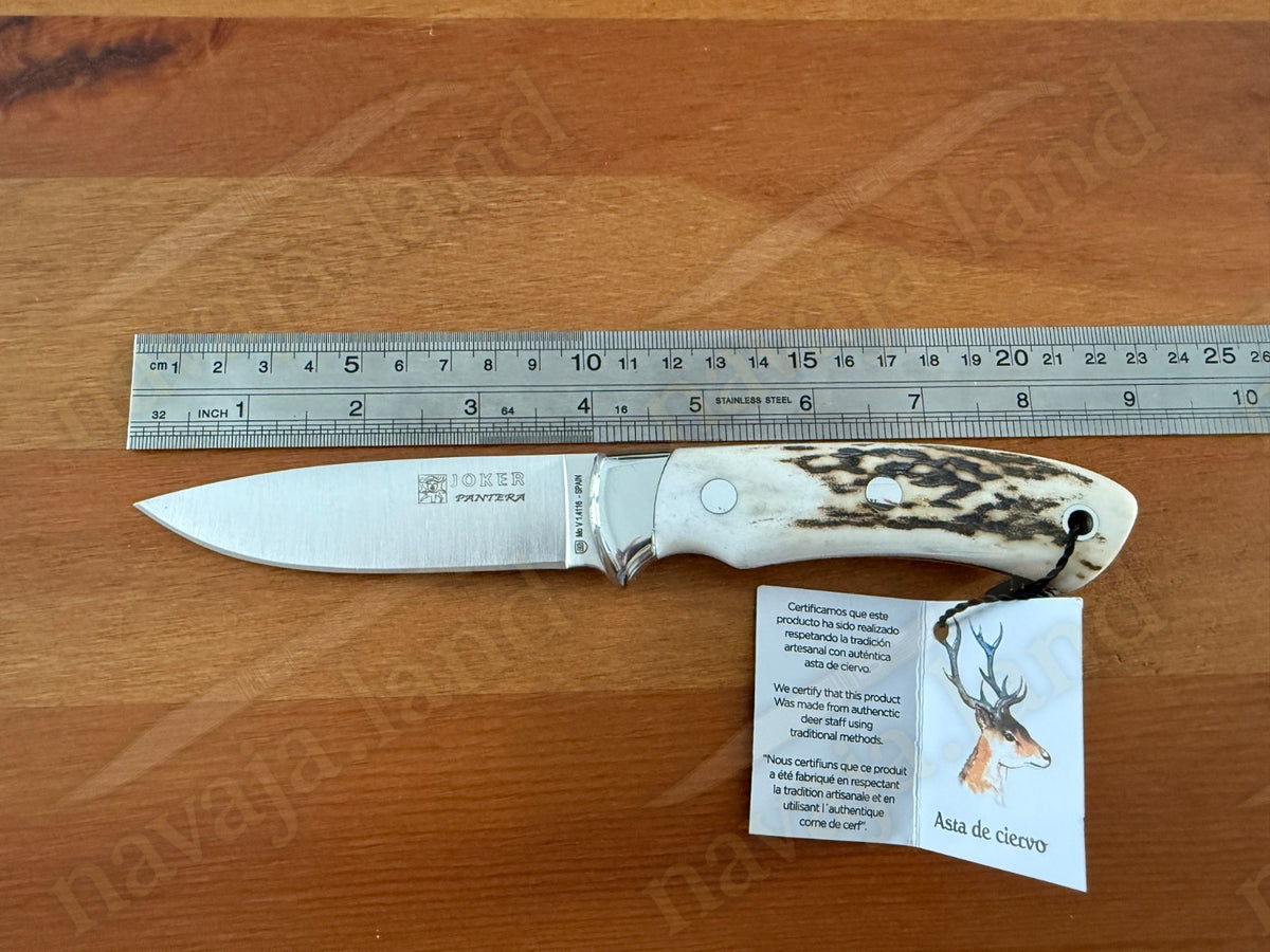 Joker Pantera Fixed Knife 3.7” MOVA Blade 🦌 Deer Antler Handle Leather Sheath