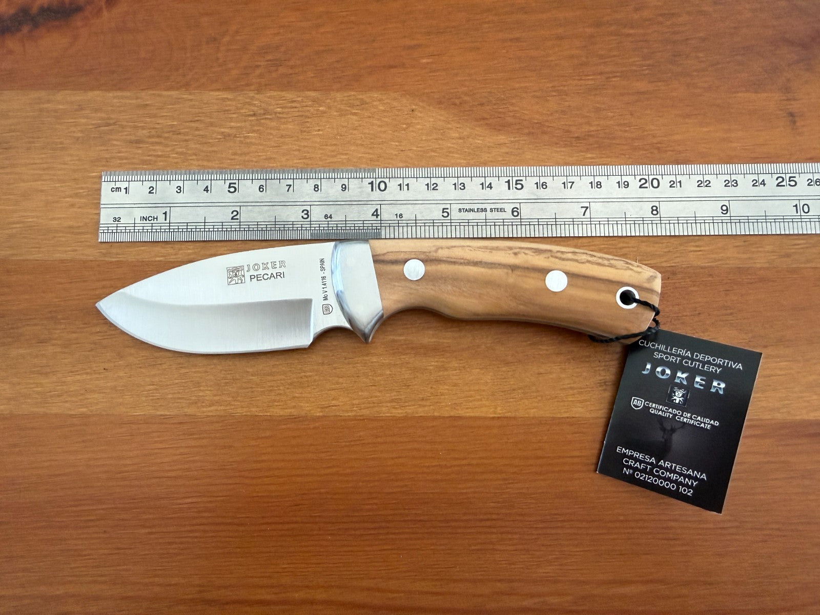 Joker Pecari Knife Olive Wood Handle Black Leather Sheath Handmade Spain