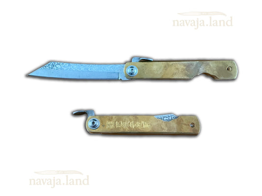 3" Navaja Higonokami Knife Brass Handle with Damascus Blade with Sheath