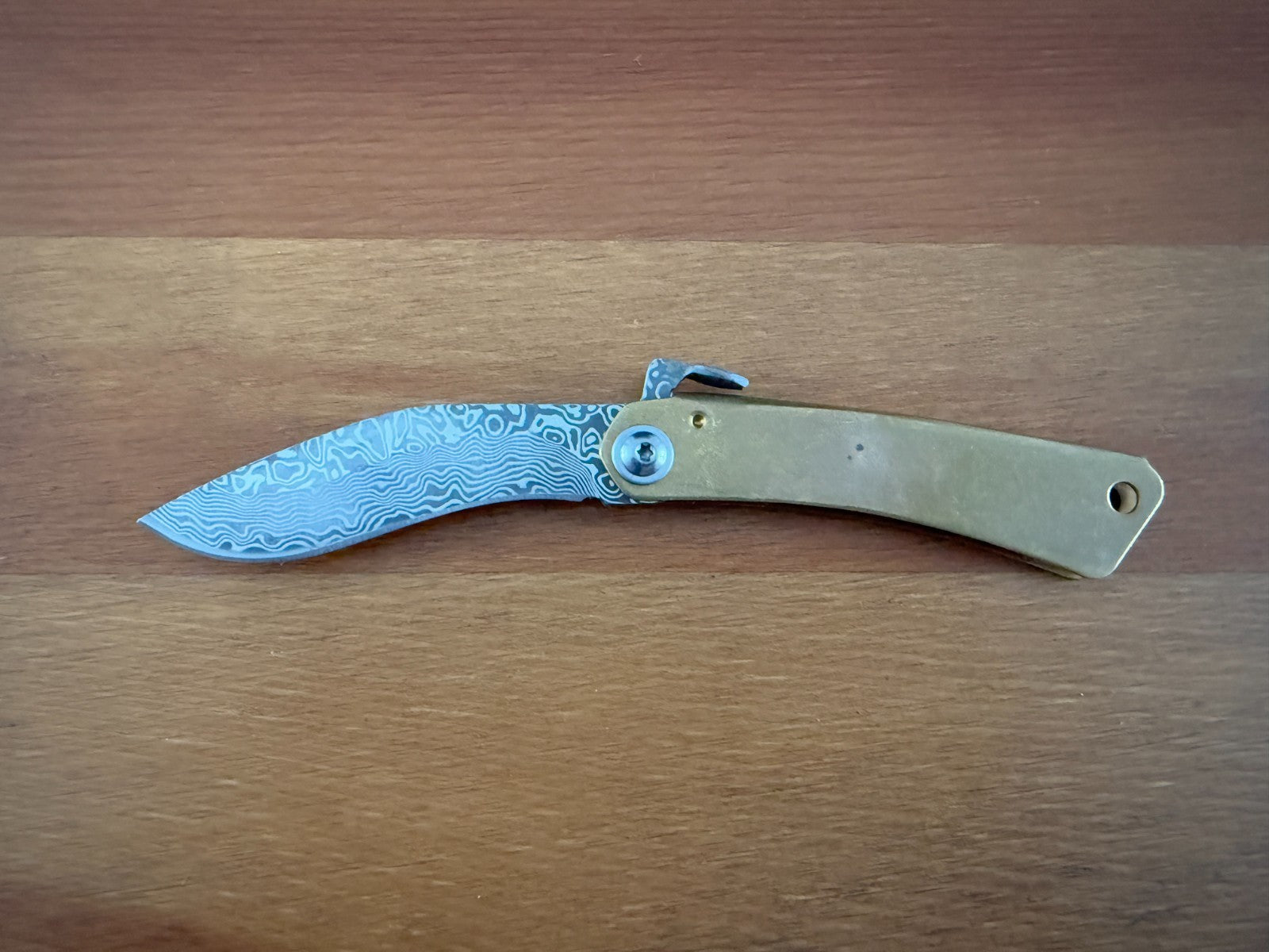 2.75" Damascus Falcata Blade Navaja Higonokami Pocket Knife Brass Handle Sheath