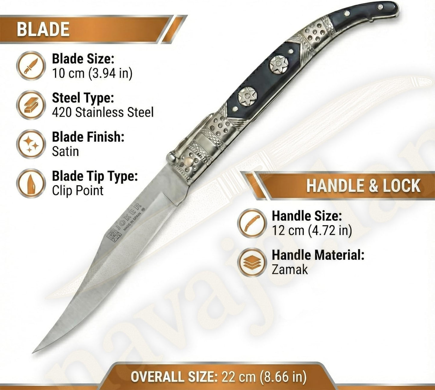 Spanish Navaja Joker Arabian Style 3.9" 420 Steel Zamak Handle Handmade in Spain