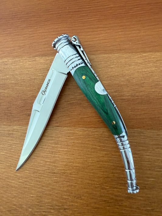 3.34” Spanish Navaja Serrana Ratchet Folding Knife Green Wood Scales From Spain
