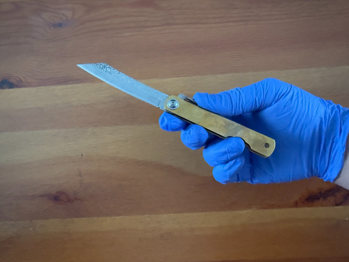 3" Navaja Higonokami Knife Brass Handle with Damascus Blade with Sheath