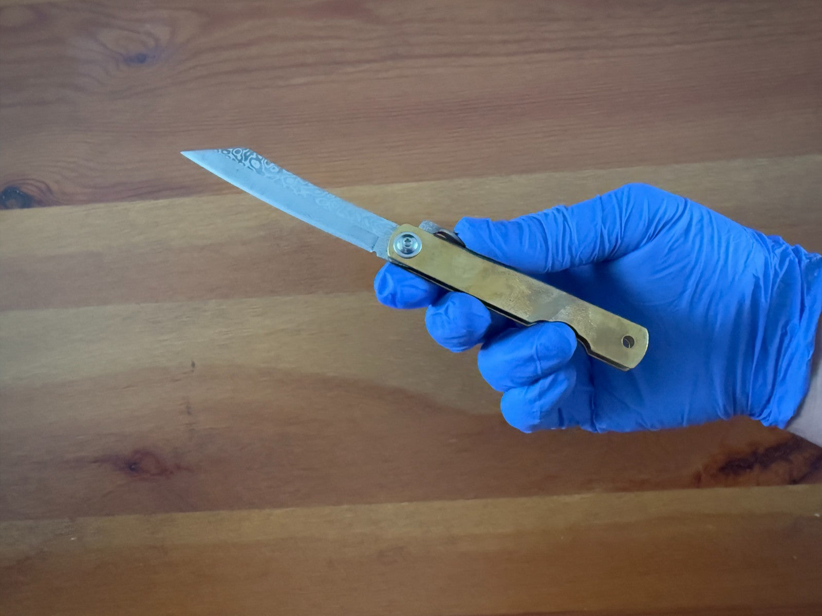 3" Navaja Higonokami Knife Brass Handle with Damascus Blade with Sheath