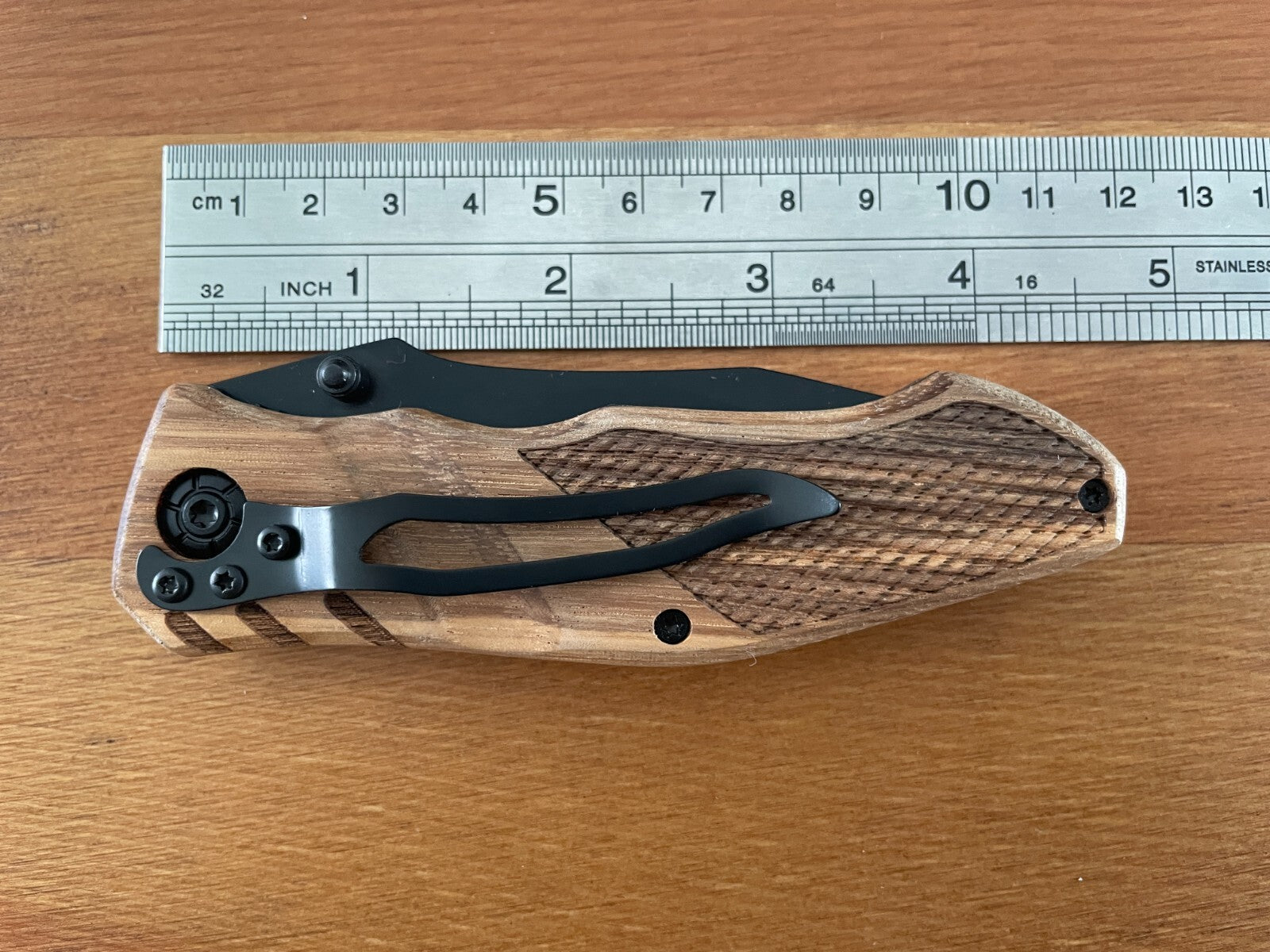 3.14" Black Stainless Steel Blade Tactical Knife Wooden Scales Pocket Clip