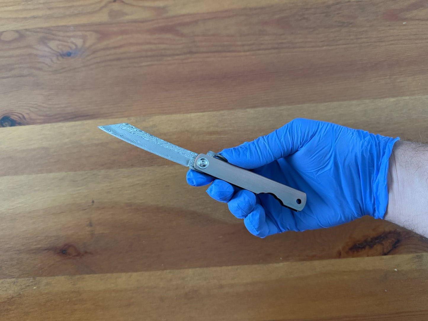 3" Damascus Navaja Higonokami Knife Steel Handle Satin Bronze Finish w/ Sheath