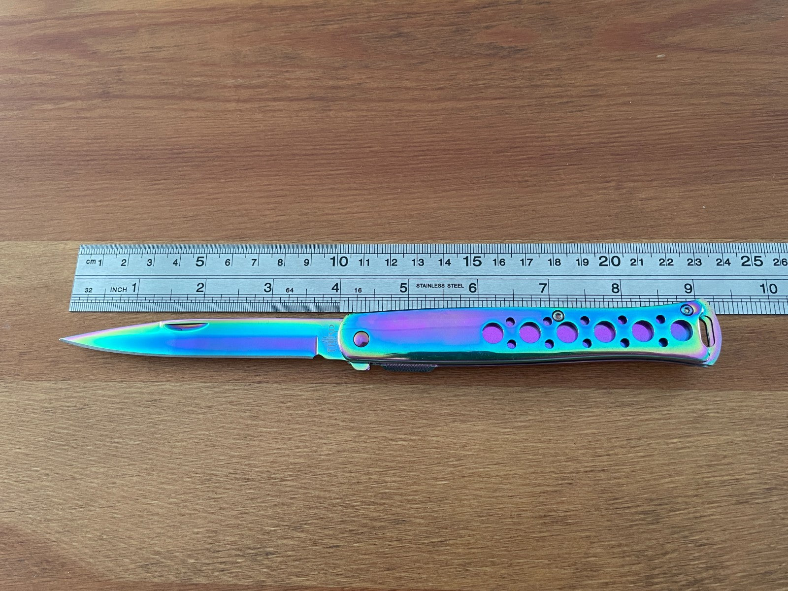420 Steel Stiletto Folding Knife Aluminum Handle Plated Shiny Rainbow Titanium
