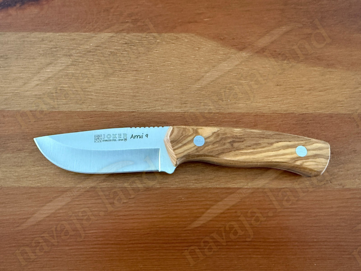 Joker Arrui 9 Outdoor Knife – 3.5” Blade | Olive Wood Handle | Leather Sheath