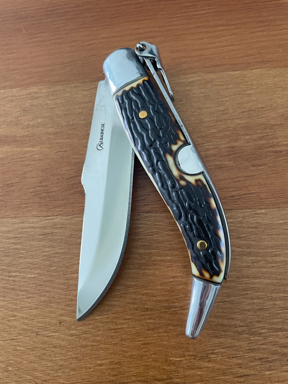 3.22" Stainles Spanish Navaja Teja Deer Antler Imitation Scales Billet Lock