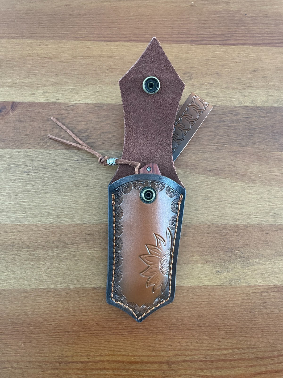2.9” Damascus 73 Layers Navaja Pocket Knife with Wood Scales Leather Sheath