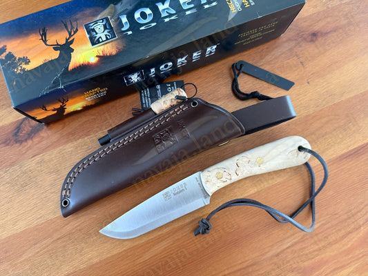 Joker Montañero Fixed Knife 4.3" Sandvik 14C28N Steel Curly Birch Handle Spain