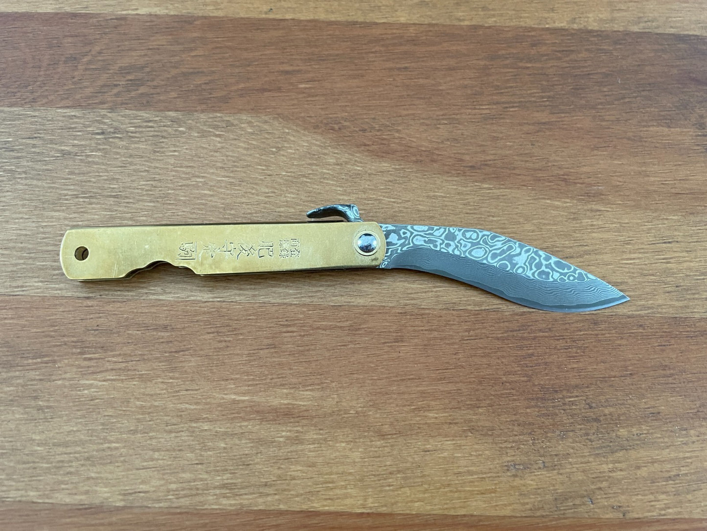 2.9" Navaja Higonokami Pocket Knife 79-layer Damascus Brass Handle with Sheath
