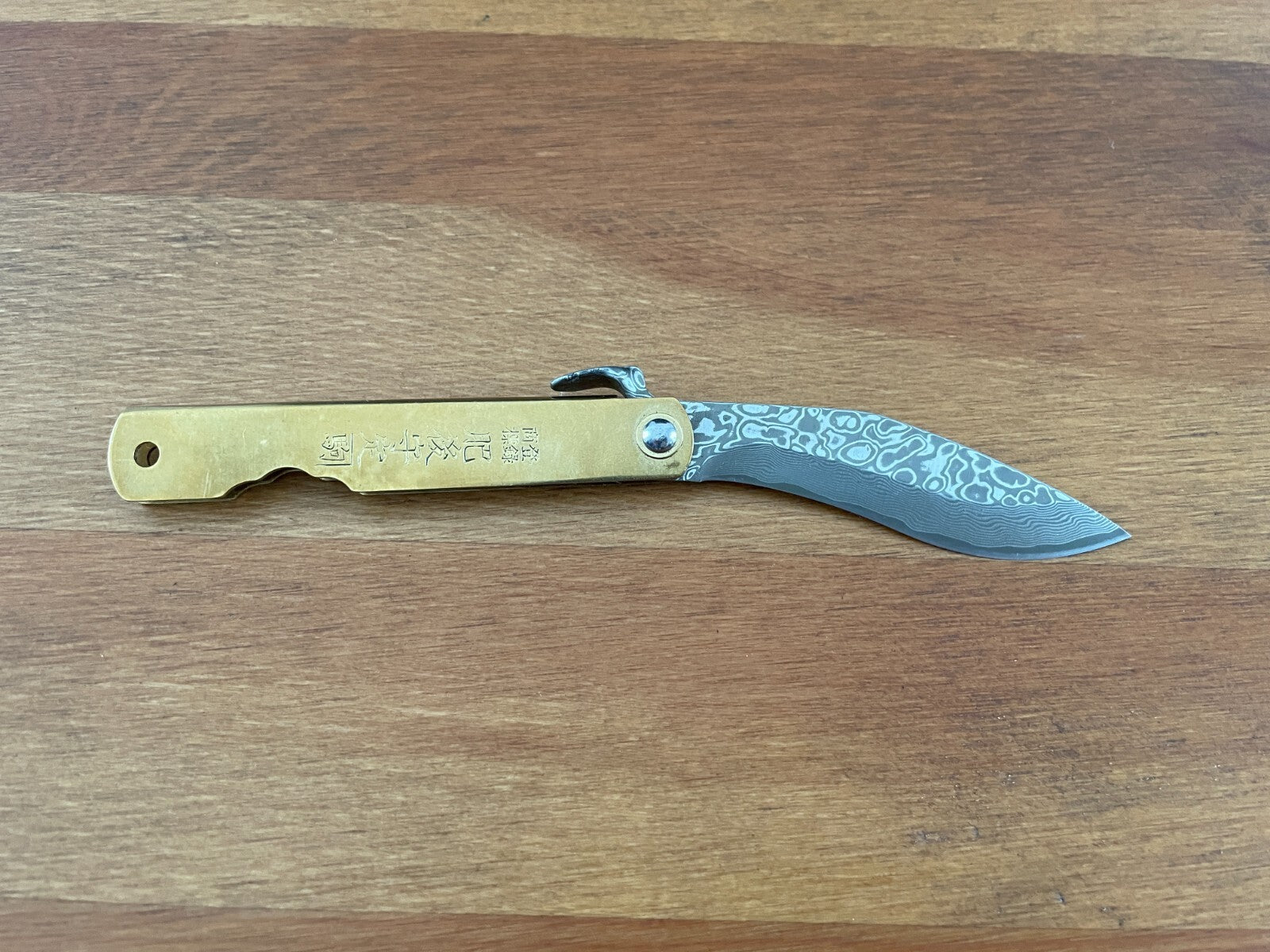 2.9" Navaja Higonokami Pocket Knife 79-layer Damascus Brass Handle with Sheath