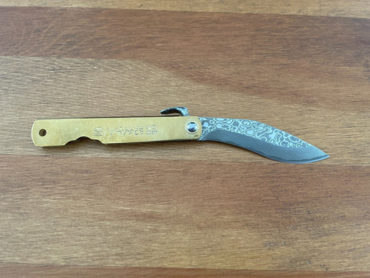 2.9" Navaja Higonokami Pocket Knife 79-layer Damascus Brass Handle with Sheath