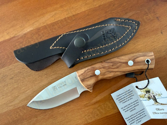 Joker Pecari Skinning Knife 3.34” MOVA Blade Olive Wood Handle Leather Sheath