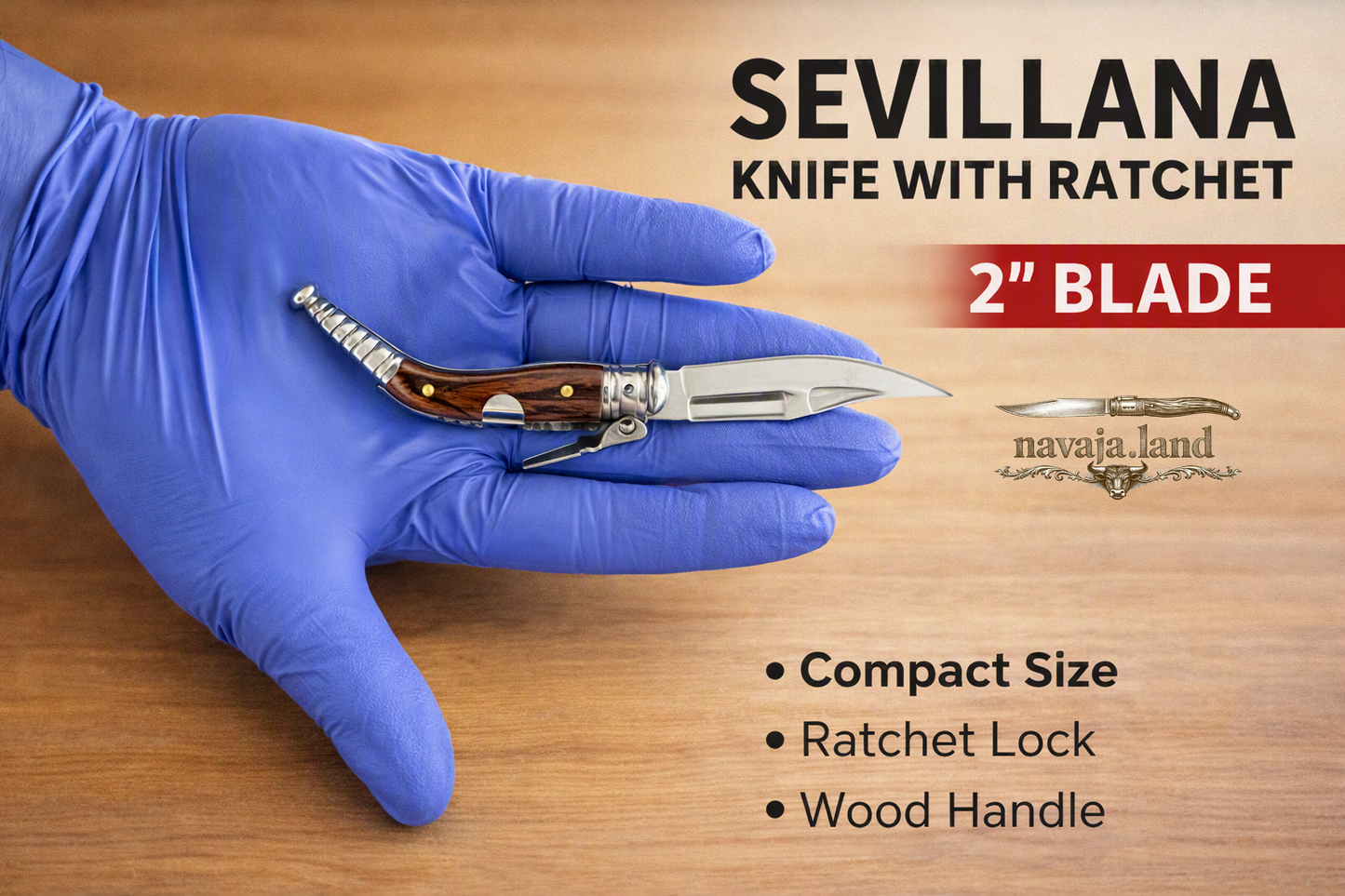 2" Blade Spanish Navaja Sevillana Pocket Knife Brown Wood Scales with Ratchet