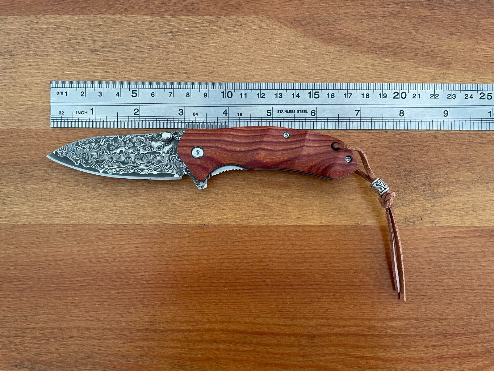 2.9” Damascus 73 Layers Navaja Pocket Knife with Wood Scales Leather Sheath