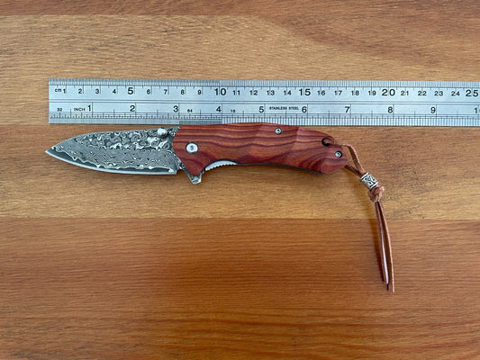 2.9” Damascus 73 Layers Navaja Pocket Knife with Wood Scales Leather Sheath