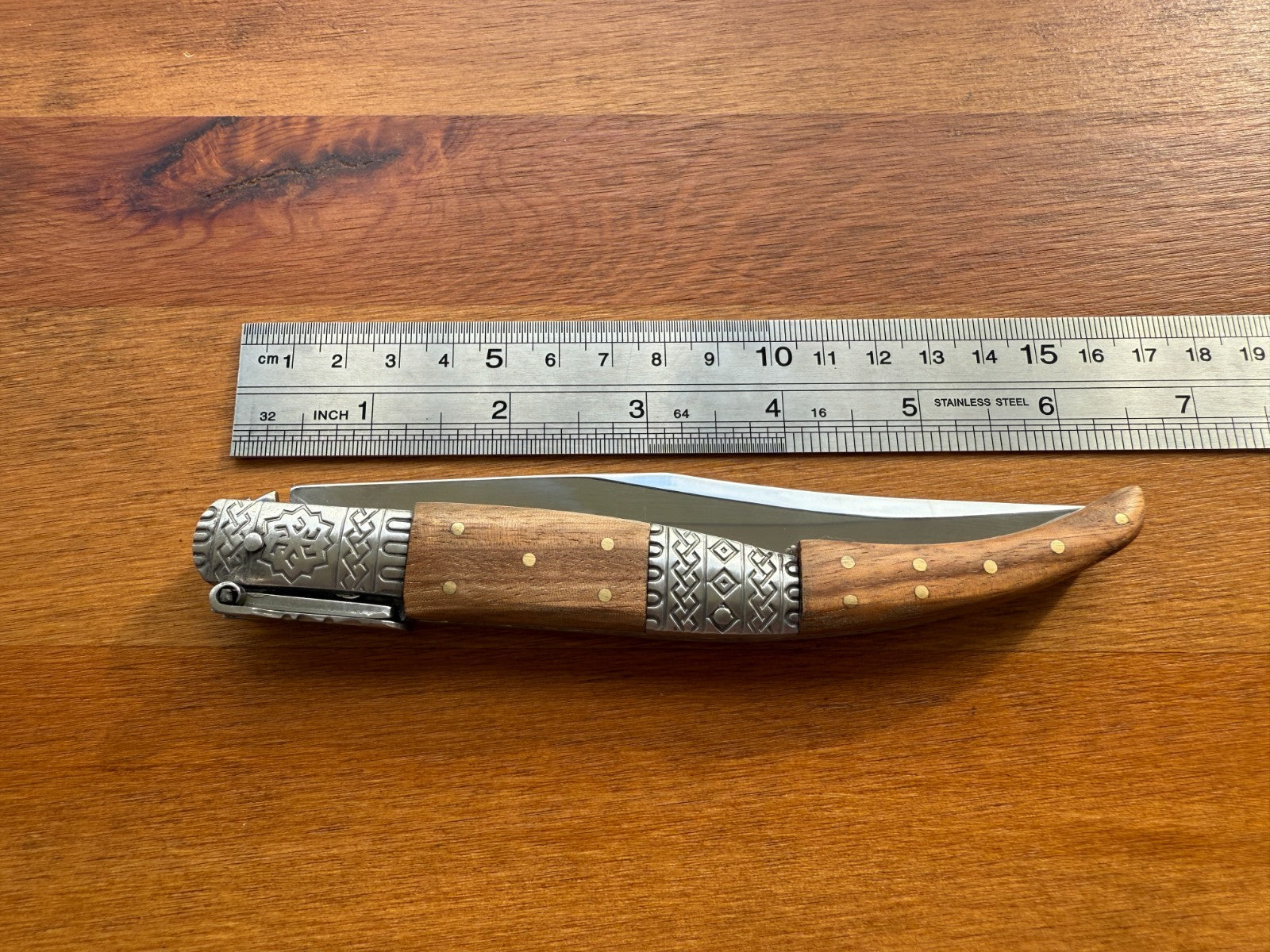 5.3" Blade Arabian Style Ratchet Navaja Knife Zebra Wood Handle Ornamented