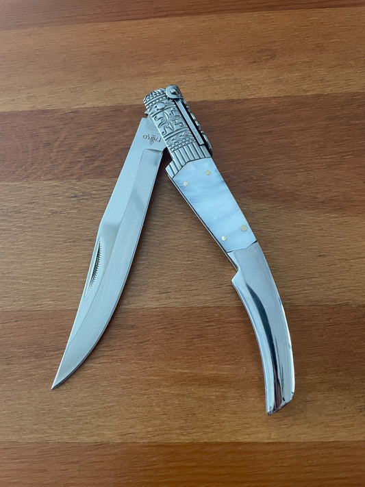 5.1" Arabian Style Navaja with Ratchet Pocket Knife White Acrylic Scales - Spain