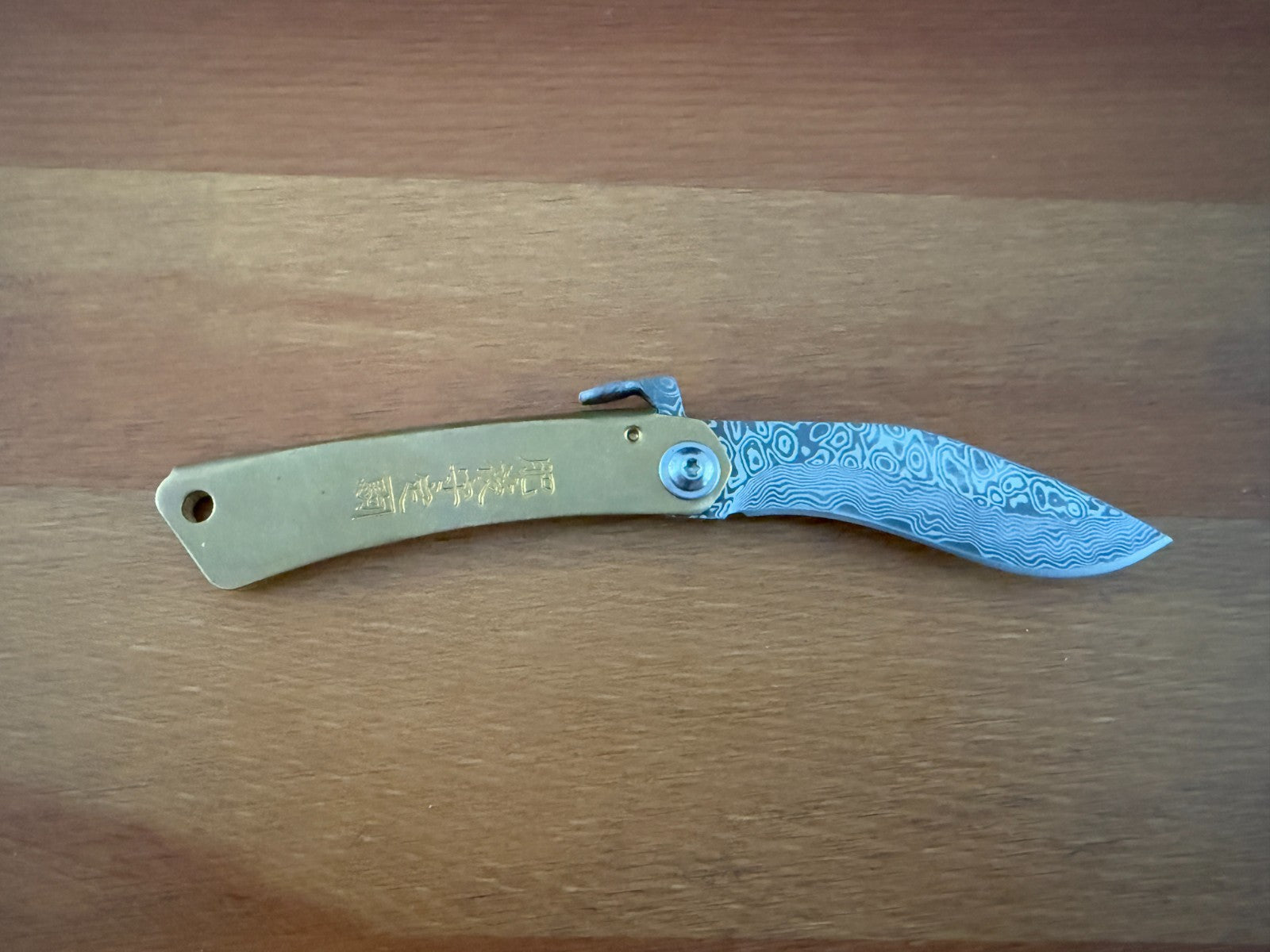 2.75" Damascus Falcata Blade Navaja Higonokami Pocket Knife Brass Handle Sheath