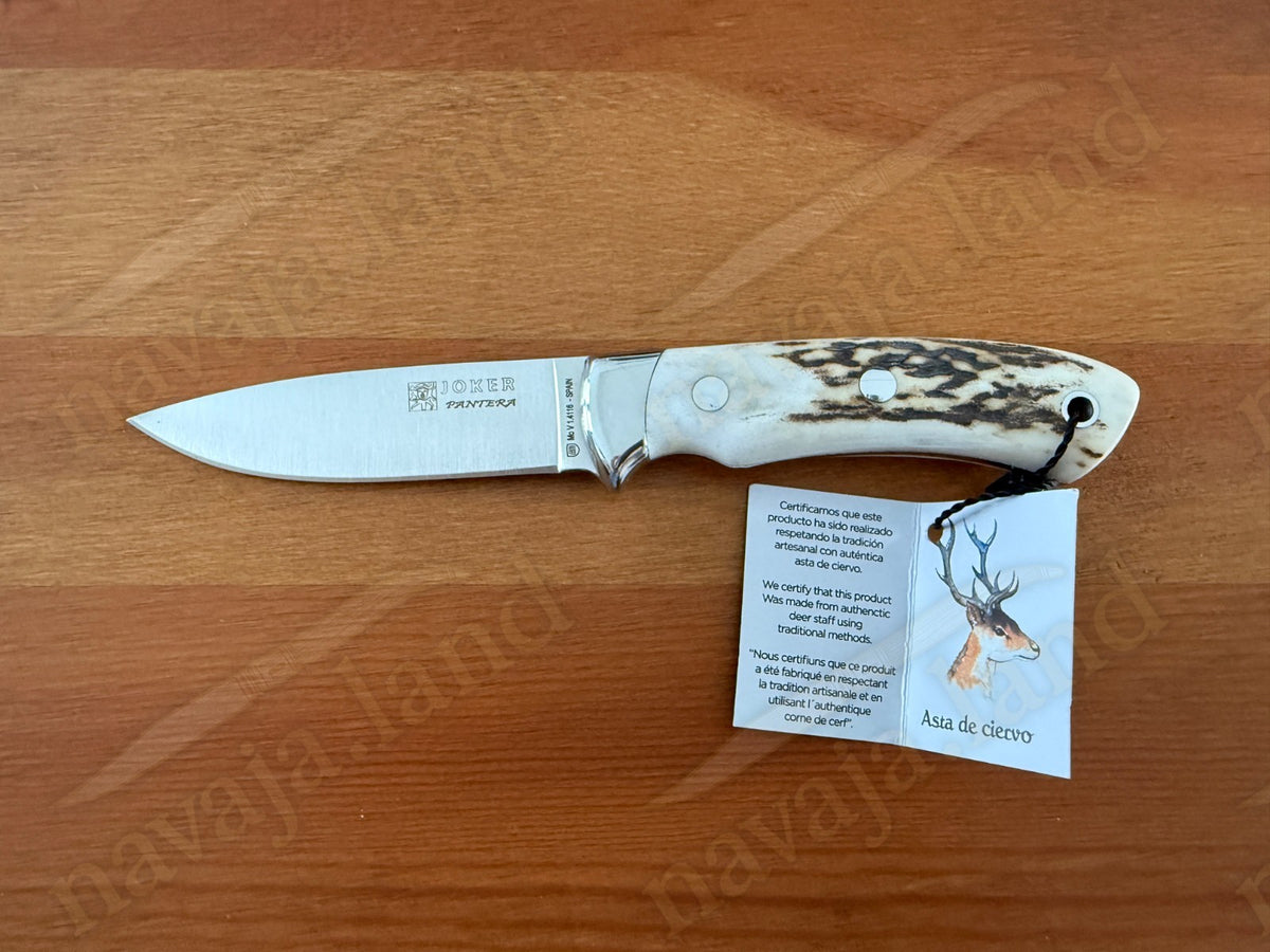 Joker Pantera Fixed Knife 3.7” MOVA Blade 🦌 Deer Antler Handle Leather Sheath