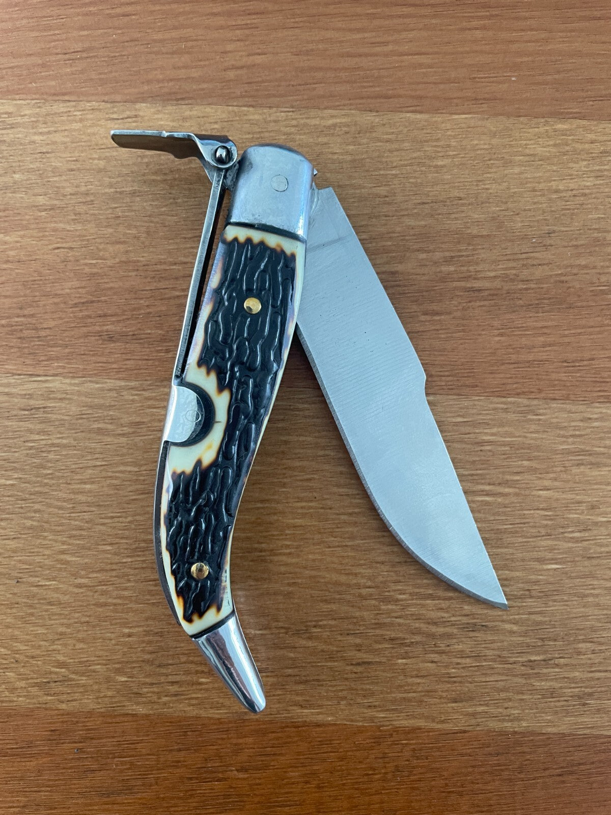 3.22" Carbon Steel Spanish Navaja Teja Deer Antler Imitation Scales Billet Lock