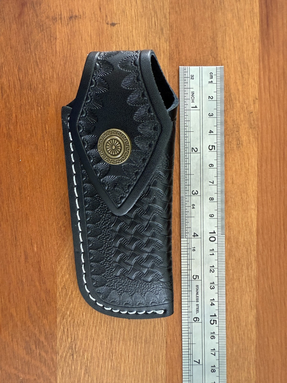 4.4 in. Black Leather Pocket Knife Sheath with Belt Holder Hand Made Spain