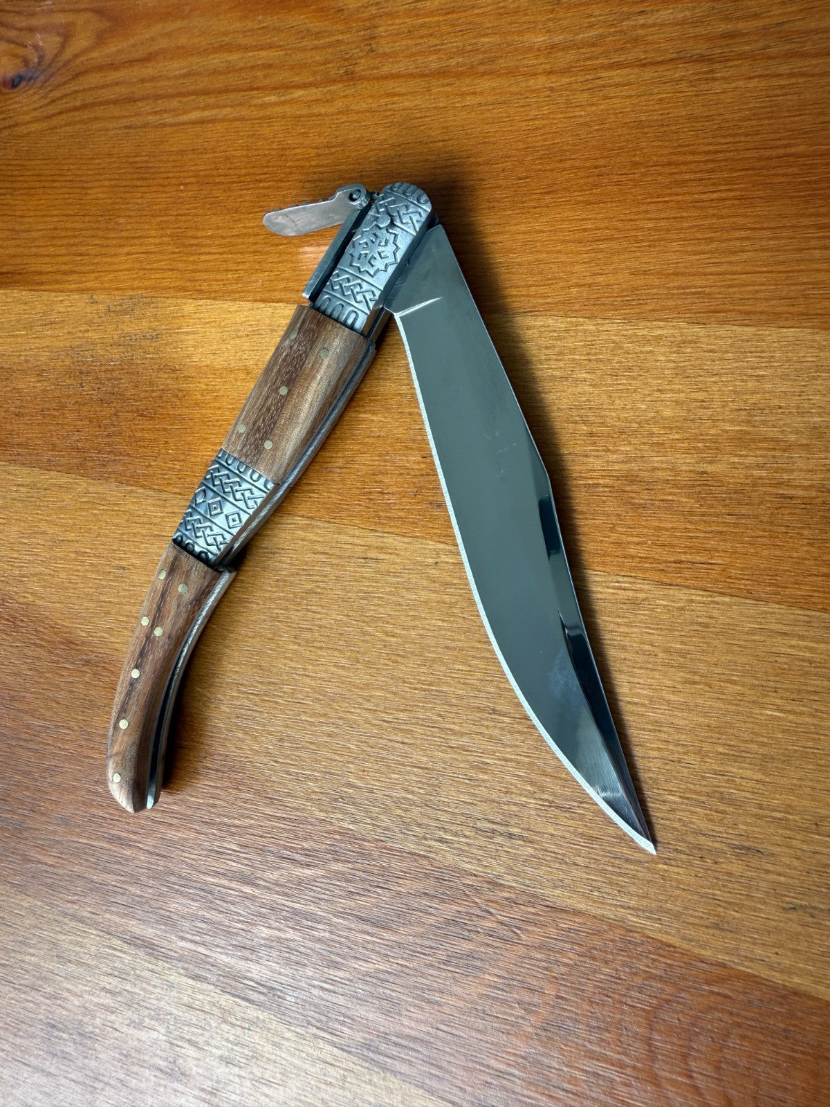 5.3" Blade Arabian Style Ratchet Navaja Knife Zebra Wood Handle Ornamented