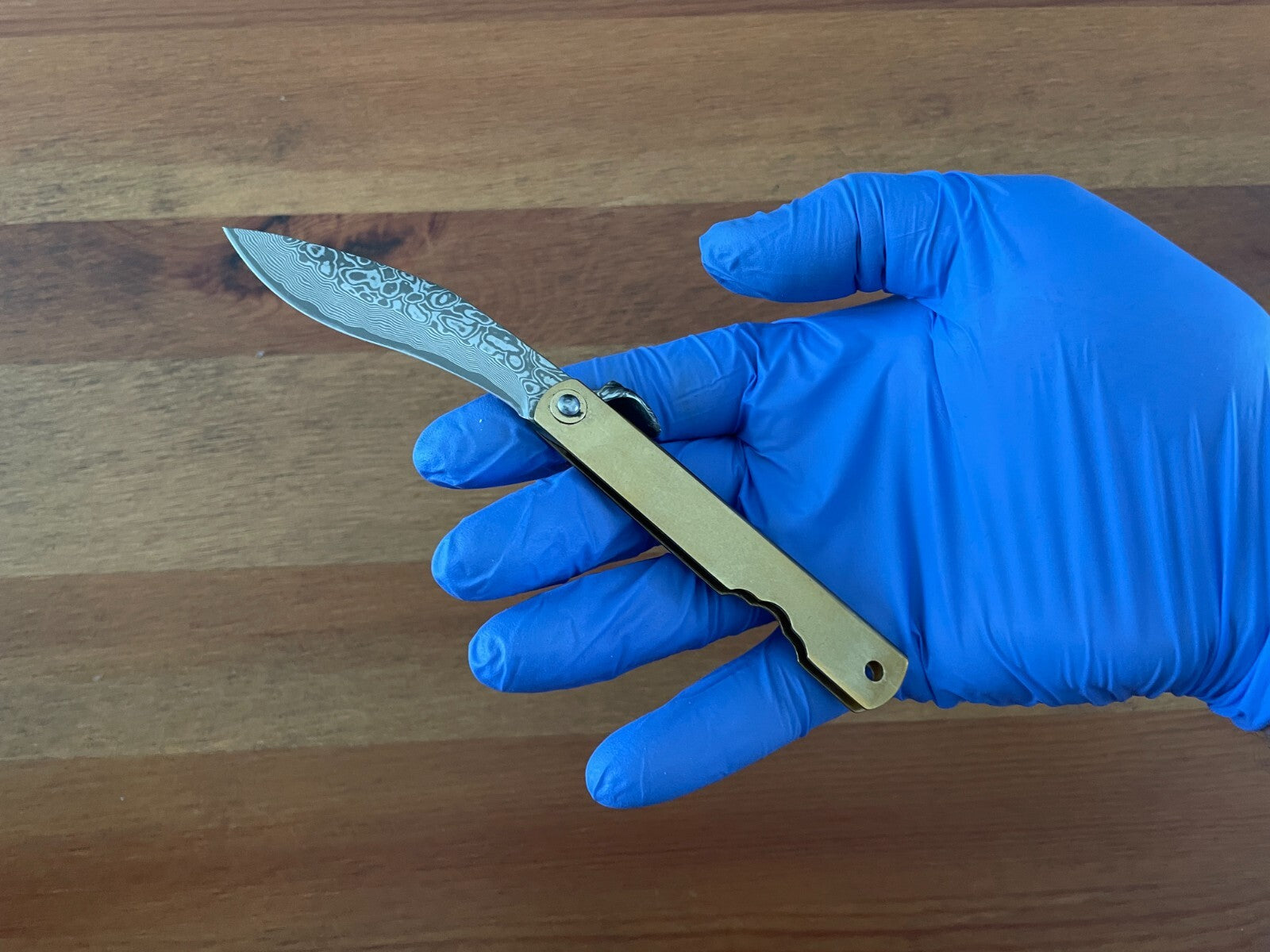 2.9" Navaja Higonokami Pocket Knife 79-layer Damascus Brass Handle with Sheath