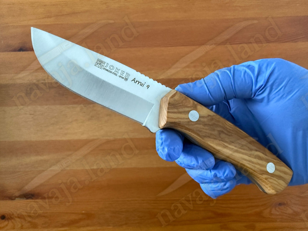 Joker Arrui 9 Outdoor Knife – 3.5” Blade | Olive Wood Handle | Leather Sheath