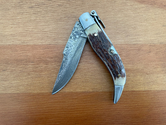 3.14” Spanish Navaja Pocket Knife Damascus Steel Deer Antler Scales -  US Seller