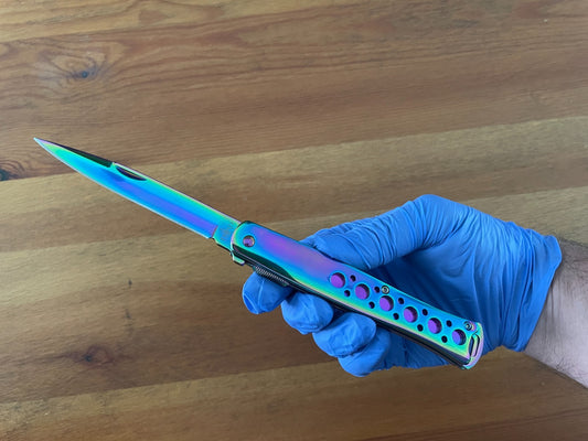 420 Steel Stiletto Folding Knife Aluminum Handle Plated Shiny Rainbow Titanium