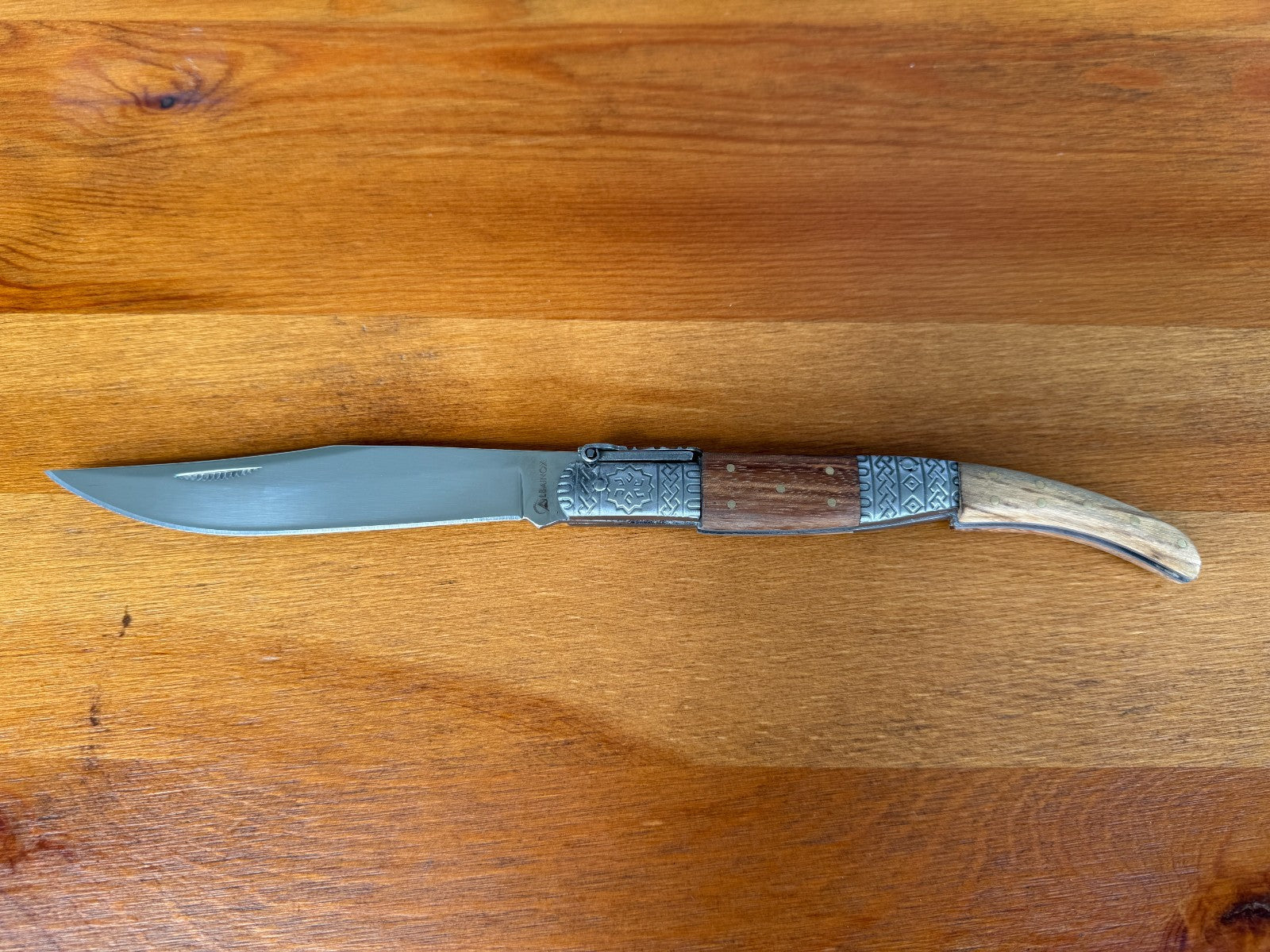 5.3" Blade Arabian Style Ratchet Navaja Knife Zebra Wood Handle Ornamented