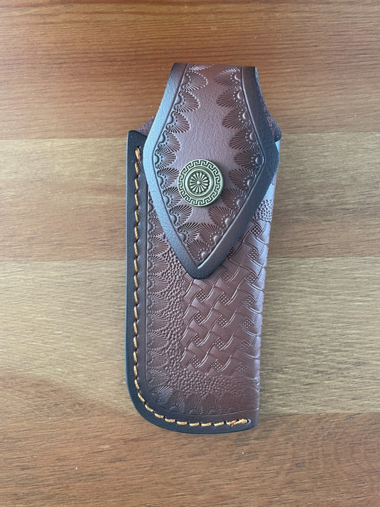 4.4 in. Brown Leather Pocket Knife Sheath with Belt Holder Hand Made Spain