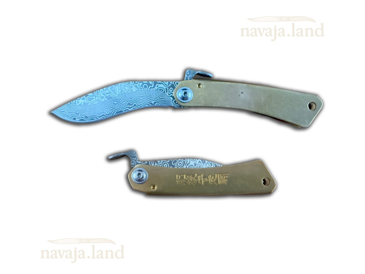 2.75" Damascus Falcata Blade Navaja Higonokami Pocket Knife Brass Handle Sheath