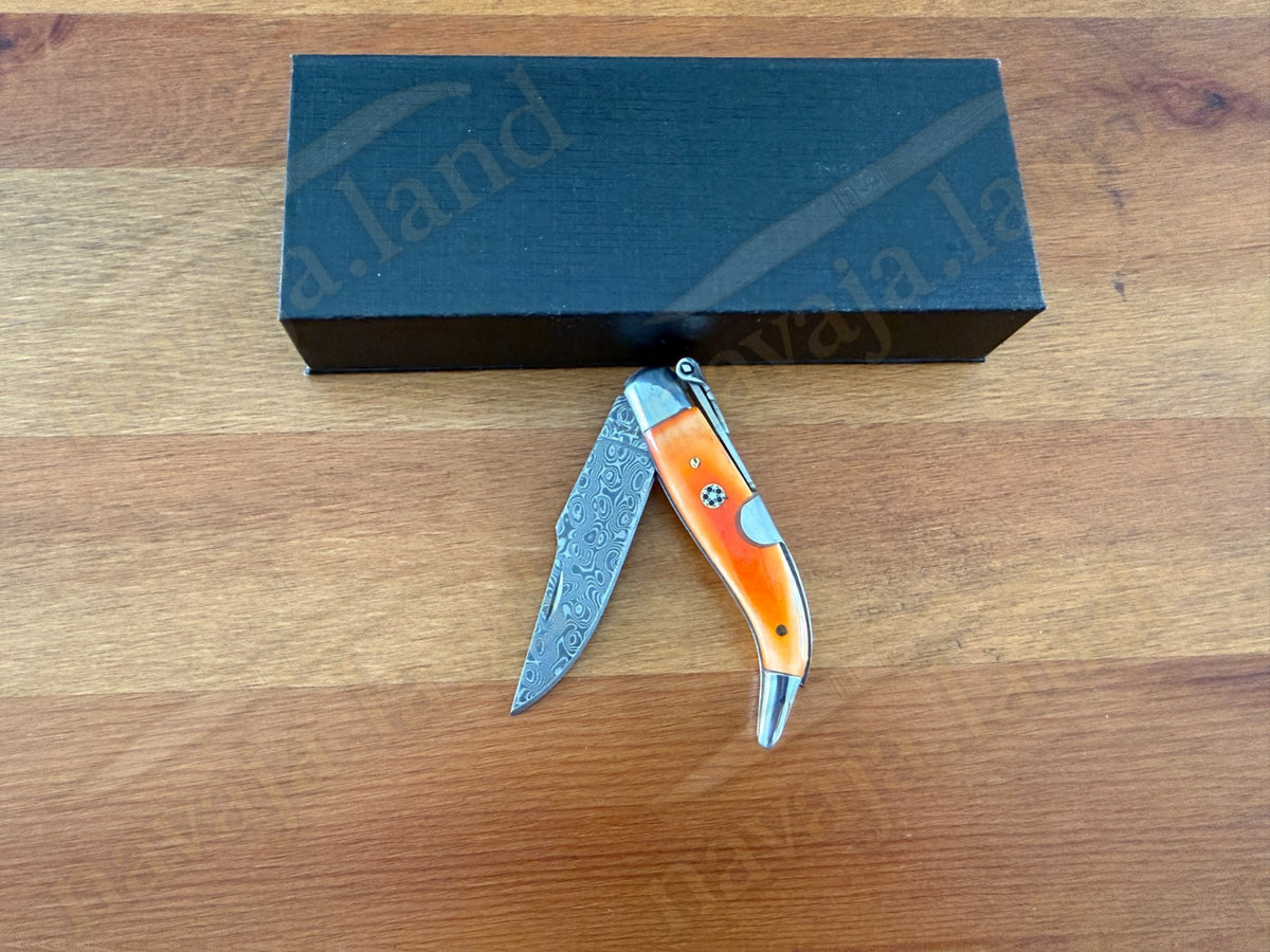 2.56” 67-Layer Damascus Blade Spanish Albacete Navaja Folding Knife Orange Bone