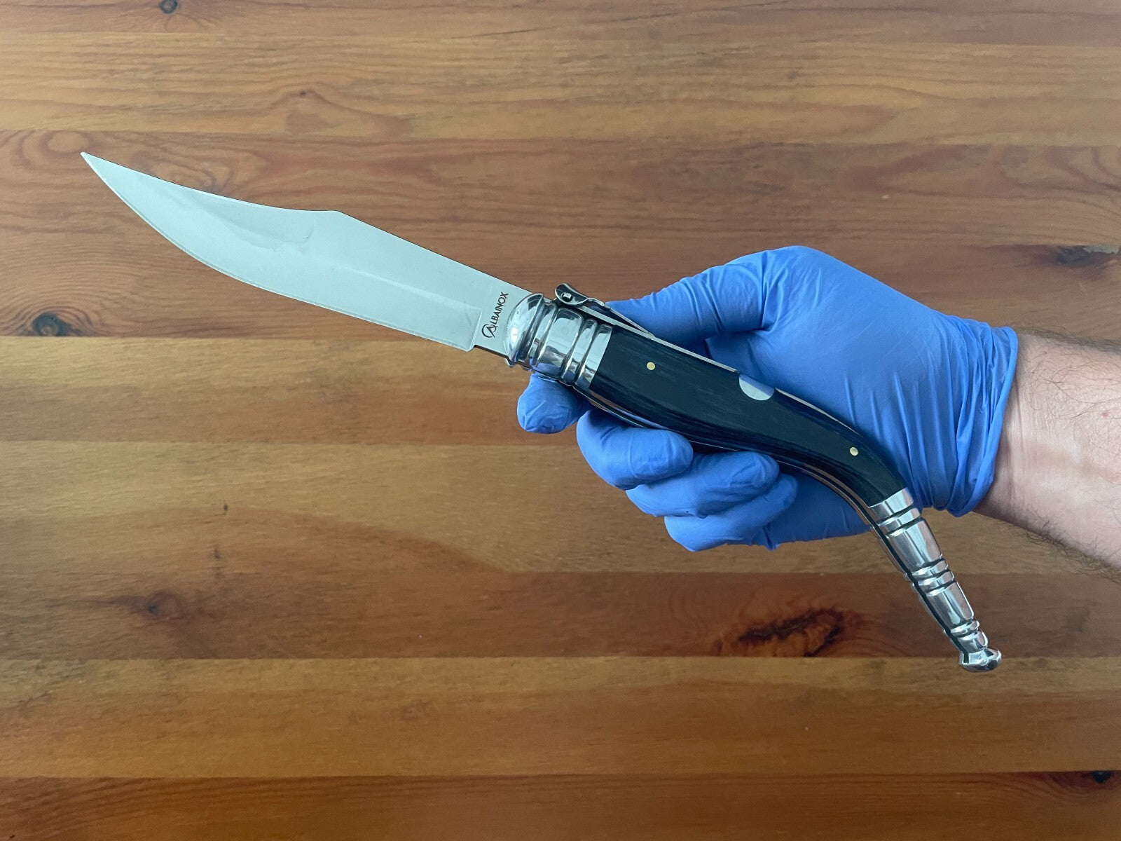 5.5" Spanish Navaja Sevillana Pocket Knife Blue Stamina Wood Scales with Ratchet