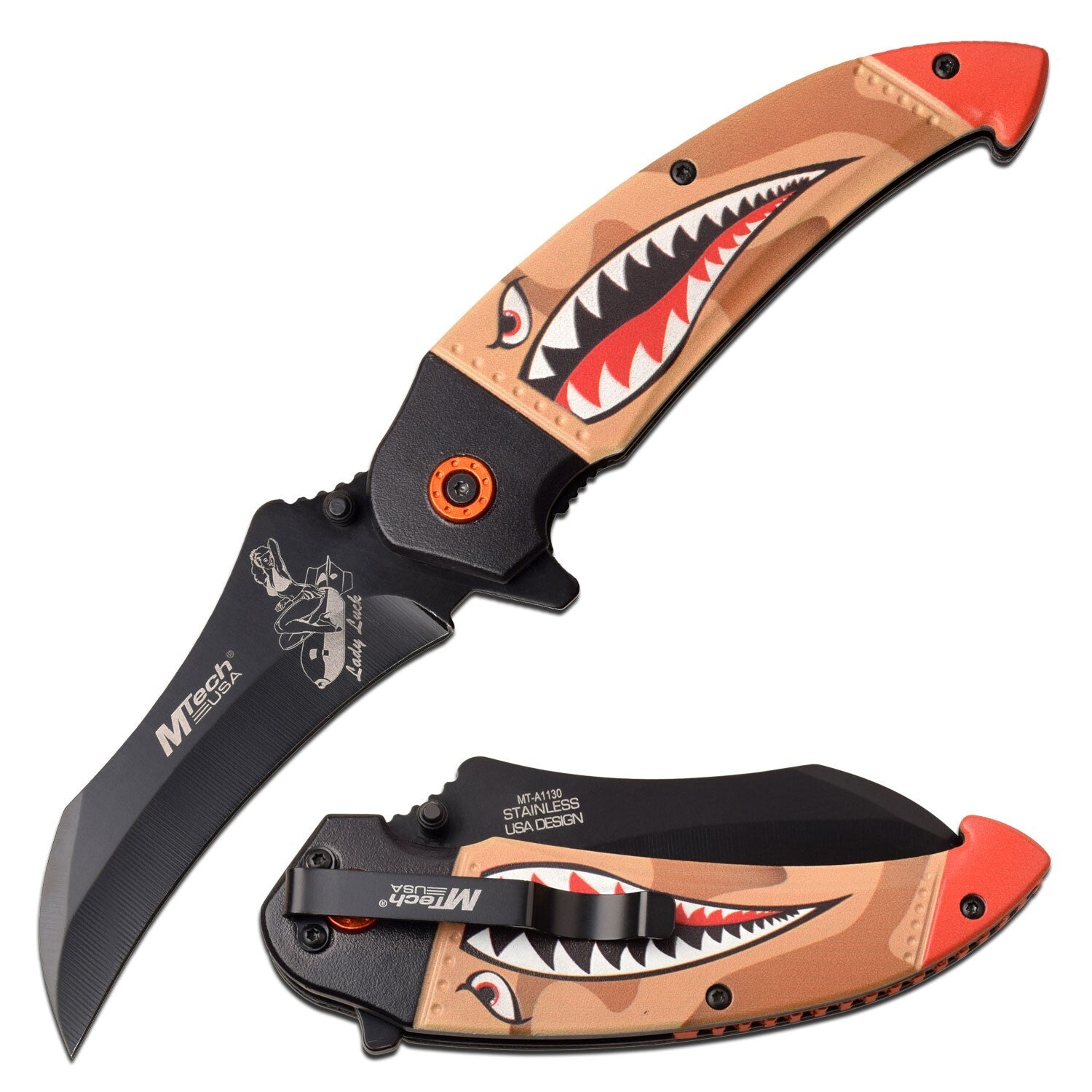 3.5" MTech USA Spring Assisted Folding Pocket Knife Shark Head Bomb Girl