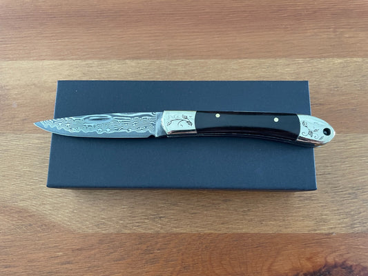 2.8” 67 Layers Damascus Navaja Pocket Knife with Ebony Scales Presentation Box