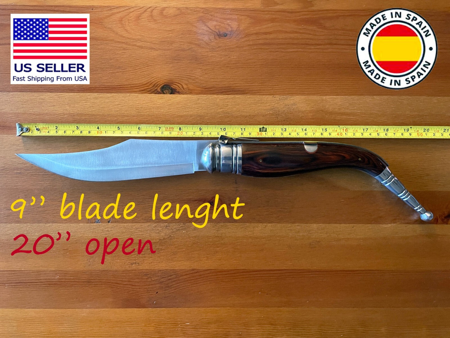 9" Giant Navaja Sevillana Folding Pocket Knife Red Wood Scales From Spain