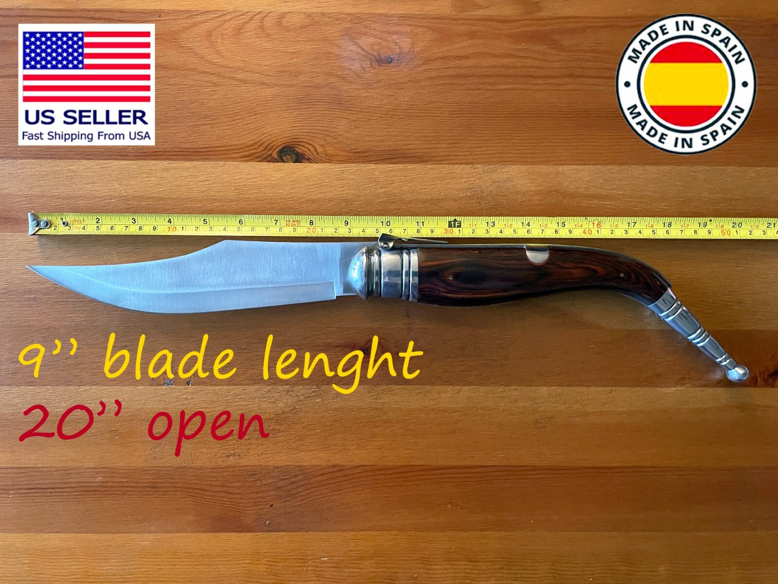 9" Giant Navaja Sevillana Folding Pocket Knife Red Wood Scales From Spain