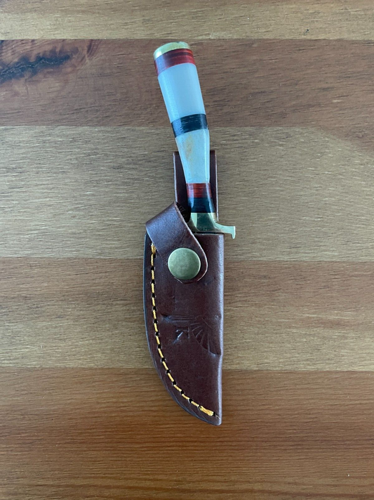 3 in. Handmade Damascus Steel Hunting Knife Bone Handle Leather Sheath