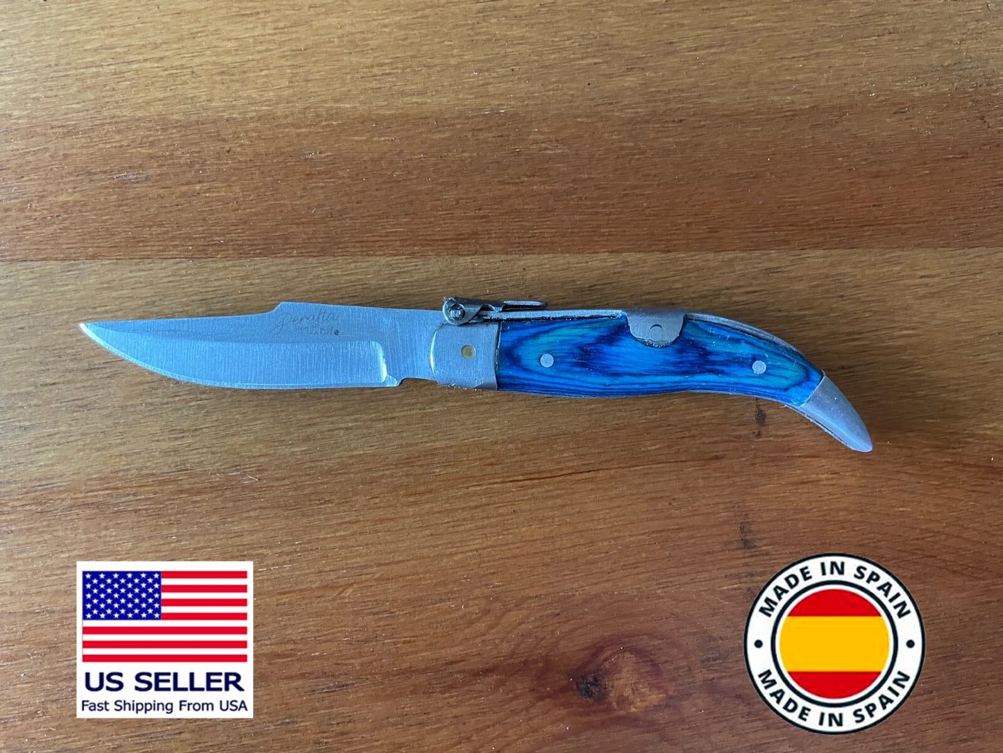 2.5" Spanish Navaja Teja Albacete Pocket Knife Blue Wood Handmade - USA Seller