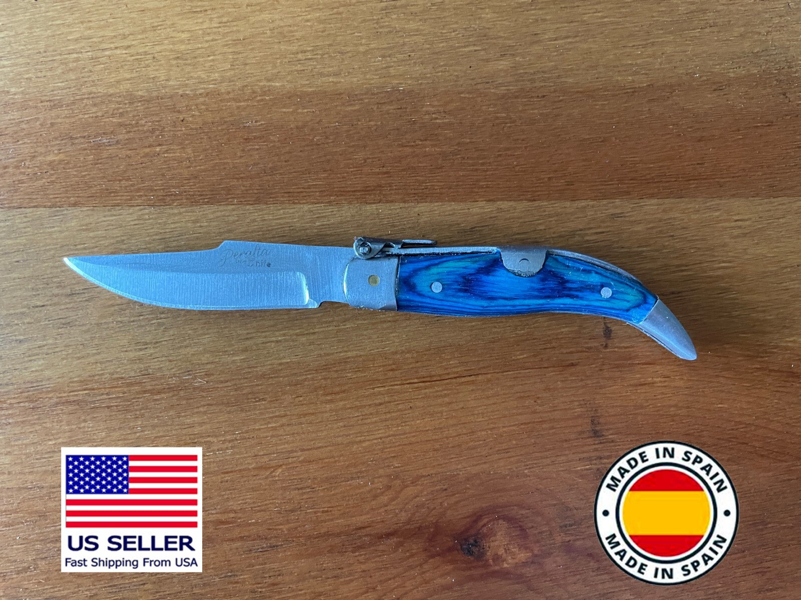 2.5" Spanish Navaja Teja Albacete Pocket Knife Blue Wood Handmade - USA Seller