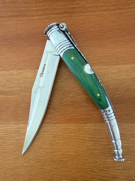 4.13” Spanish Navaja Serrana Ratchet Folding Knife Green Stamina Wood Scales